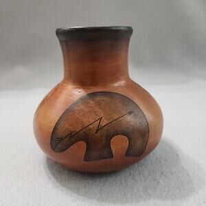 R Galvan 5in Clay Pottery Jar Vase Southwestern Mexican Signed Bear with Arrow